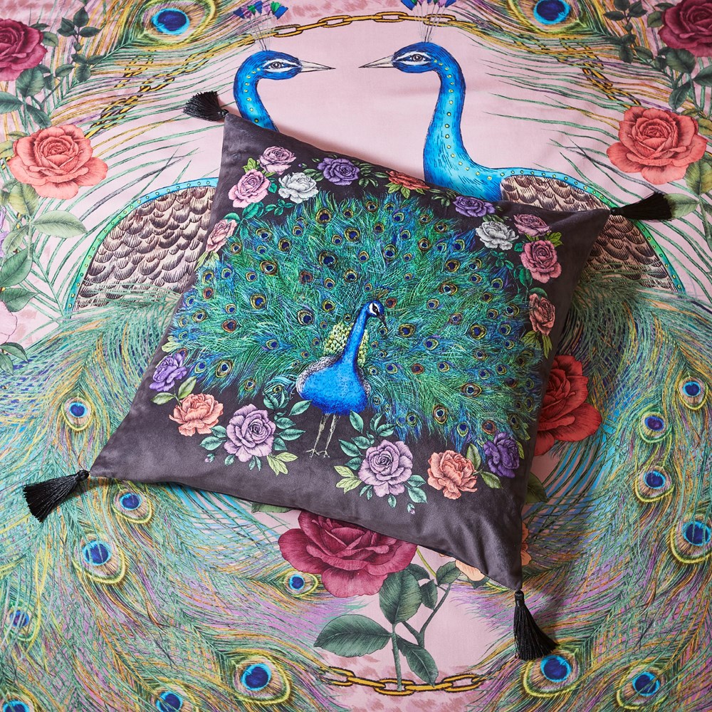 Peacock Bloom Tassel Cushion by Matthew Williamson in Black